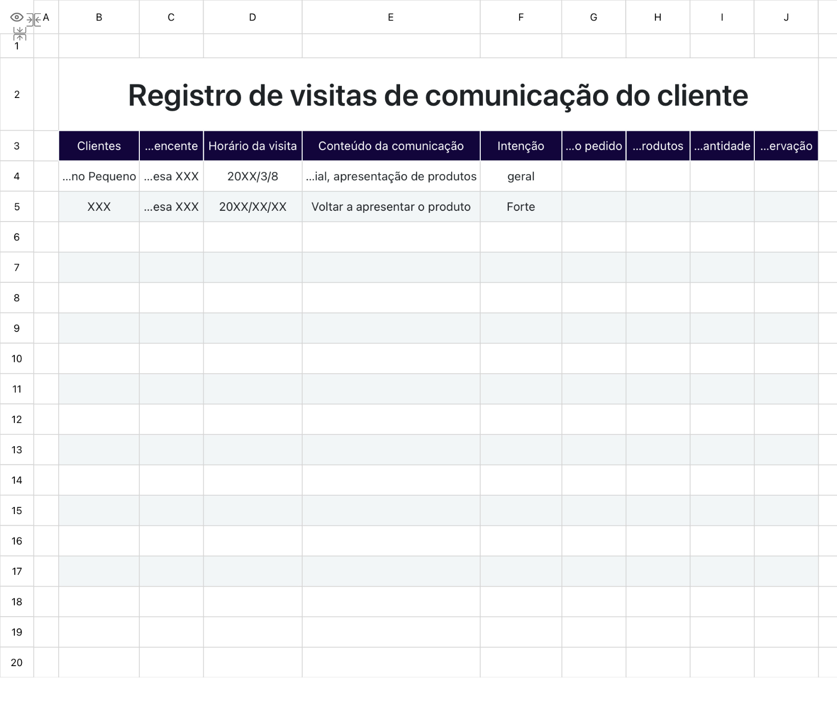 Registro de visitas de comunicação do cliente